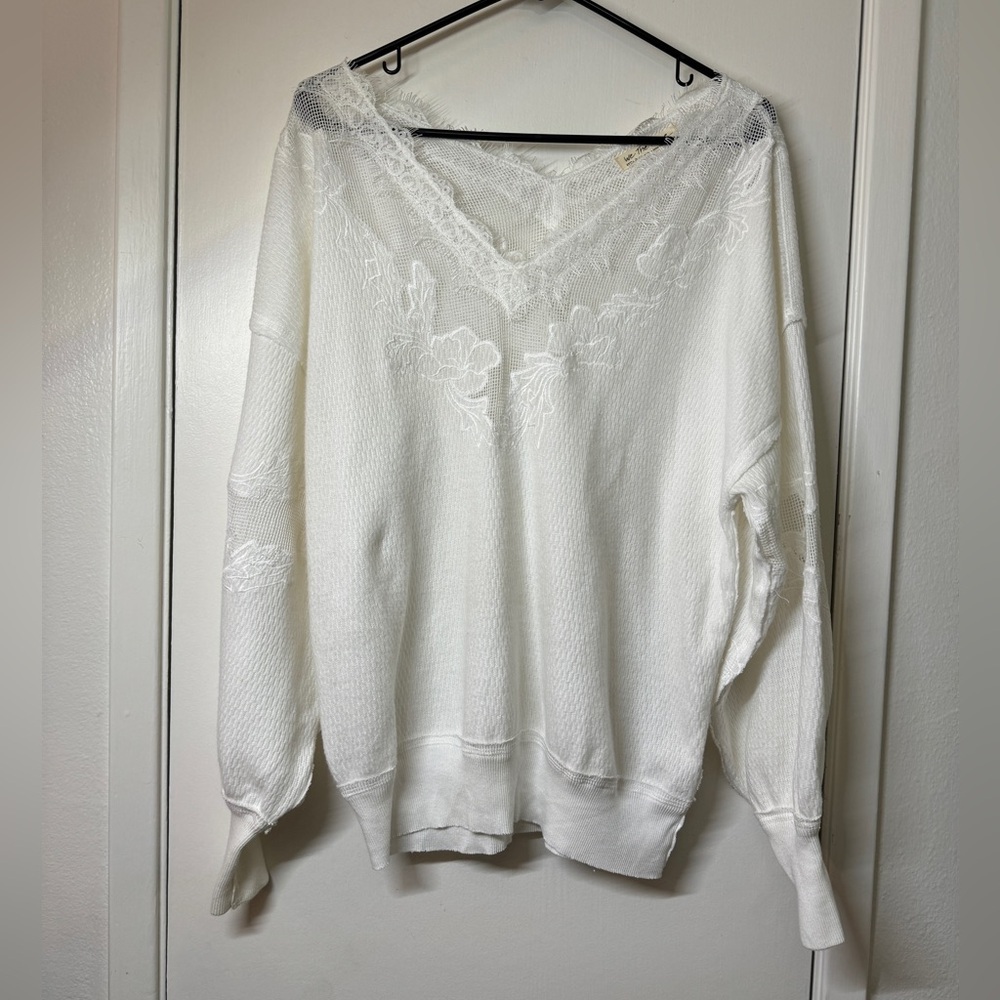 We The Free White Long Sleeve Lace-Trim V-Neck Pullover